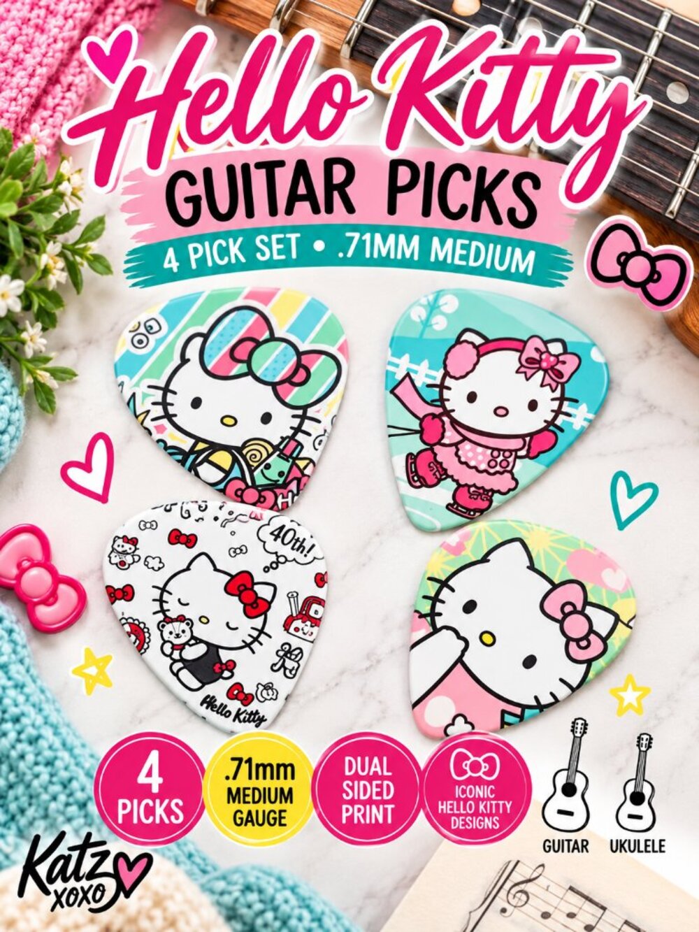Hello Kitty Guitar Picks Set 4pcs .71mm Dual Sided Pastel Kawaii Plectrum Pack